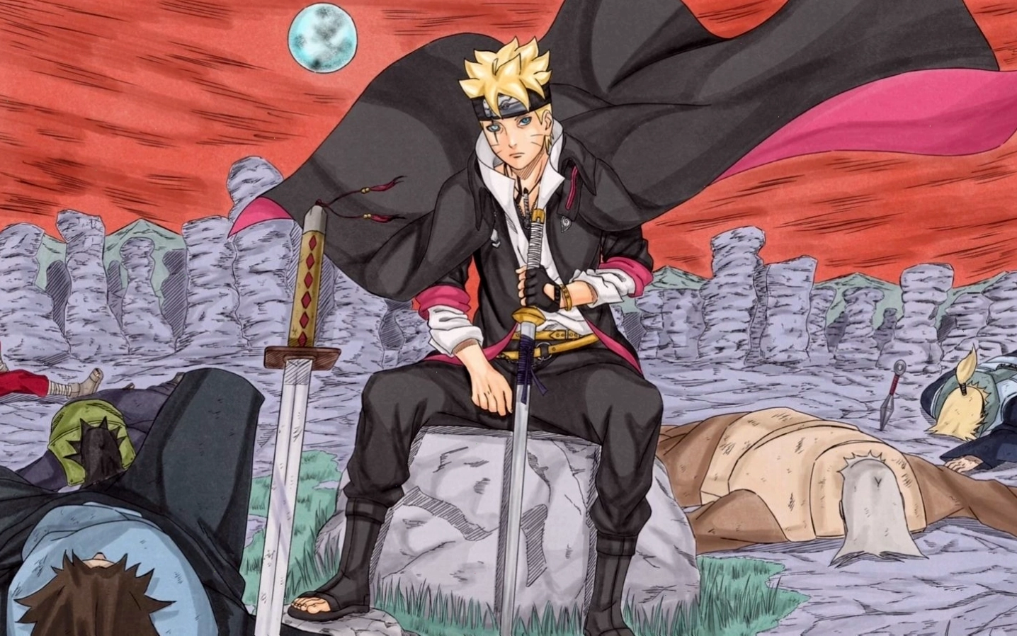 Hình ảnh Boruto lạnh lùng tiêu diệt các kẻ săn đuổi trên nền vũ trụ