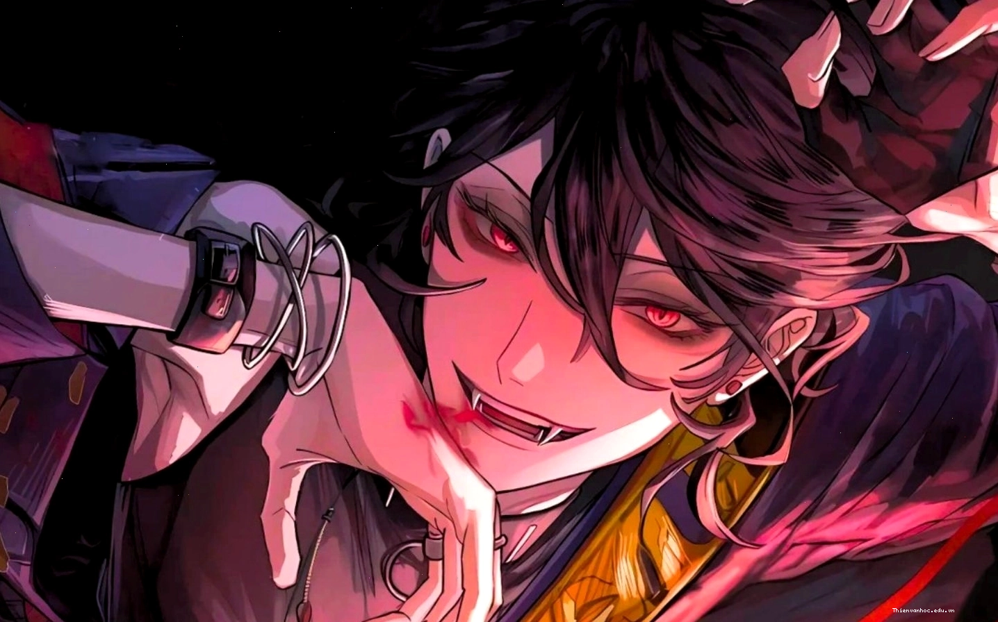 Hình nền anime phản diện với ánh mắt bí ẩn trên nền vũ trụ