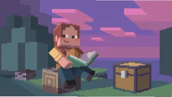 Nhân vật Minecraft đang đọc sách hướng dẫn trên một khối vuông
