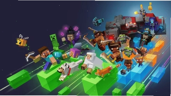 Nhiều nhân vật Minecraft đang di chuyển trên các khối vuông màu sắc