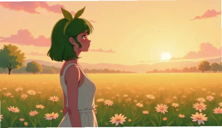 Anime girl in a field of daisies under a sunset sky