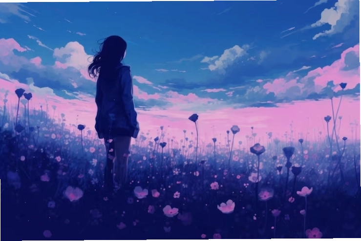 Anime girl in a spring field with flowers