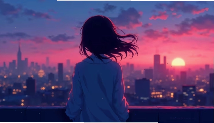 Anime girl watching the sunset over a modern city