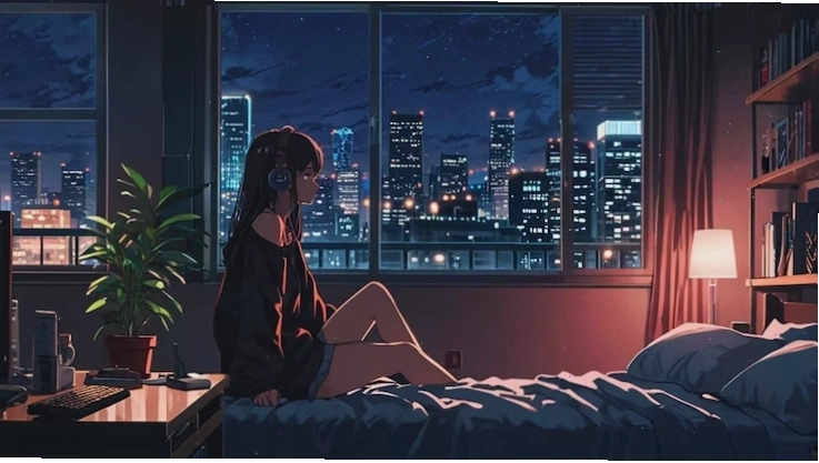 Anime girl with headphones in a lofi bedroom setting